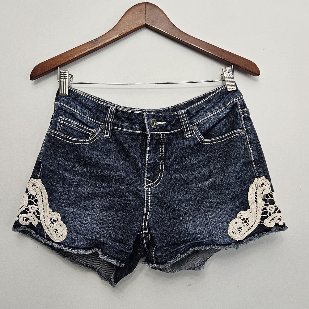 Warehouse One Mid-Rise Denim Shorts with Lace Detail